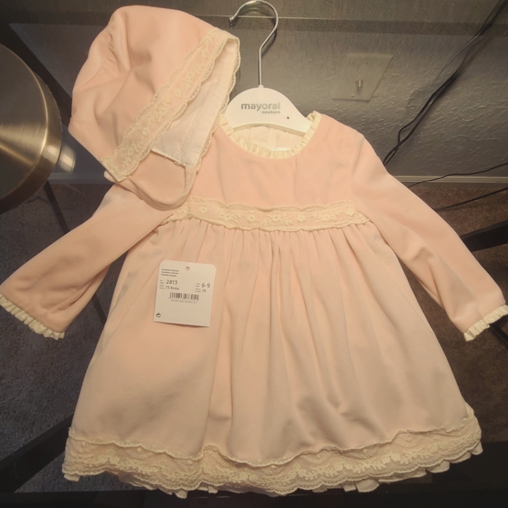 Mayoral velvet and lace dress with cap